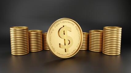 The big gold digital cryptocurrency coin with many stack coin on black background 3D rendering