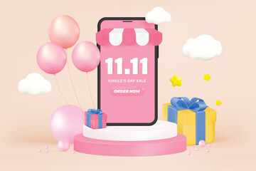11.11 podium super sale banner template design with gift and balloon for web or social media.