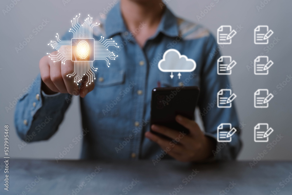 Poster cloud technology and technology transformation concept businessman holding smartphone digital cloud 