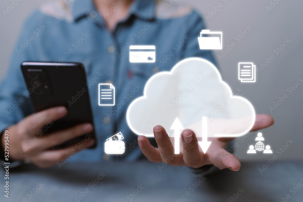 Poster cloud technology and technology transformation concept businessman holding smartphone digital cloud 