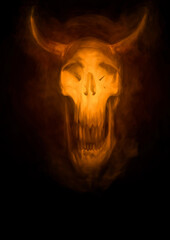 spooky skull with horns illustration for halloween on black background .