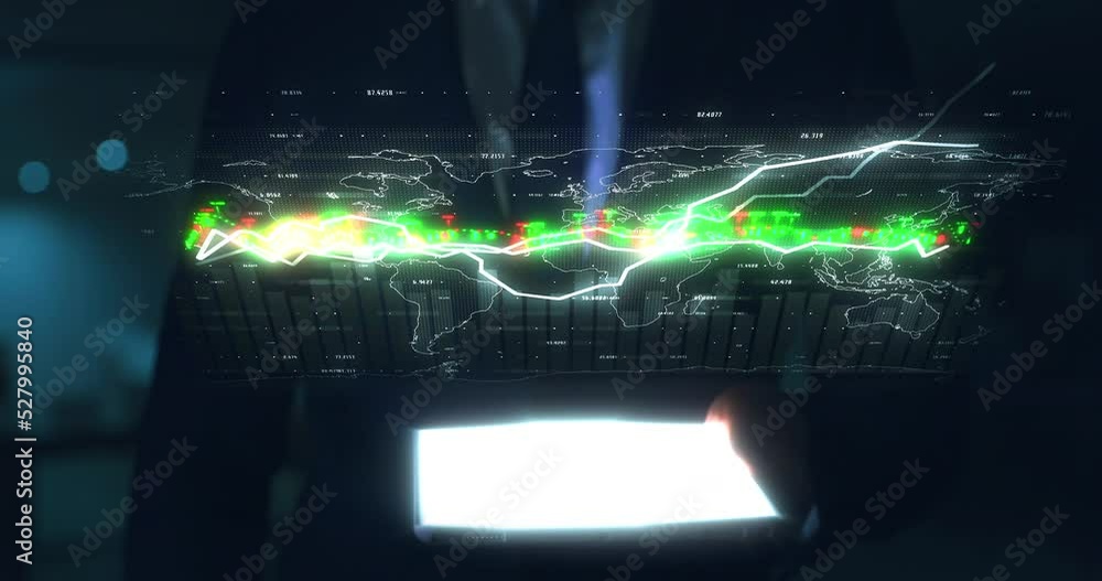 Aufkleber Global investment data, stock market economy and trading on holographic, digital tablet with dark virtual tech. Finance chart ui, world connection and future innovation with network growth analytics