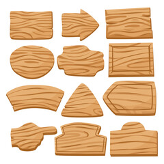 Set of various wooden board plank signboards and direction arrows. Natural texture. Signs with place for your messages. Mobile game assets 