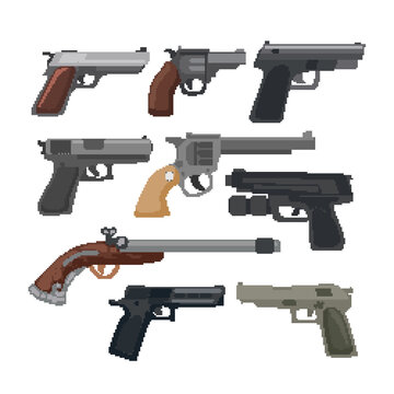 Gun and automatic weapon icons. Military combat firearms pictograms. Gun and automatic weapon, rifle and firearm, illustration