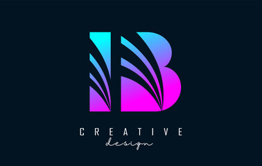 Creative colorful letters IB i b logo with leading lines and road concept design. Letters with geometric design.