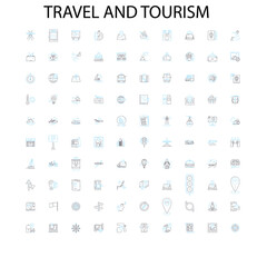 travel and tourism icons, signs, outline symbols, concept linear illustration line collection