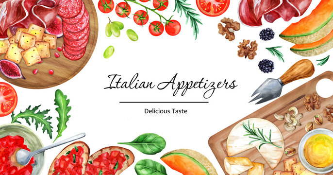 Italian appetizers banner. Antipasto watercolor