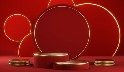 3D rendering of blank product background for cream cosmetics Modern red podium background