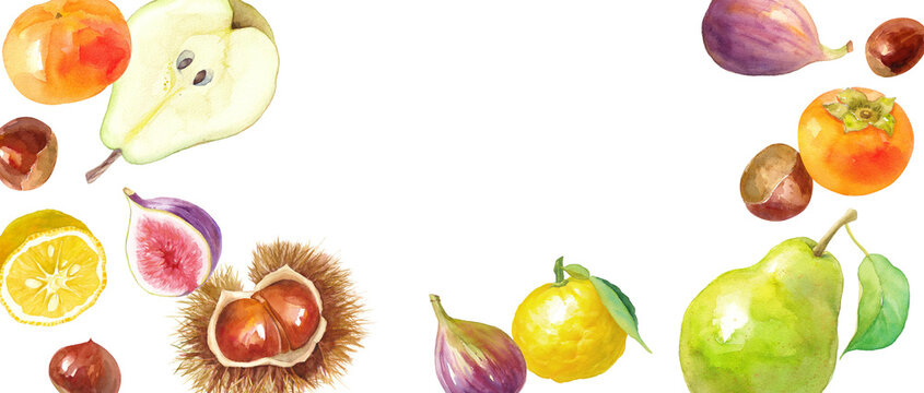 秋冬のフルーツのイラスト。装飾フレーム背景。栗、柿、イチジク、洋梨、柚子。模様。（透過背景）
