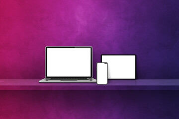 Laptop, mobile phone and digital tablet pc on purple wall shelf. Horizontal background