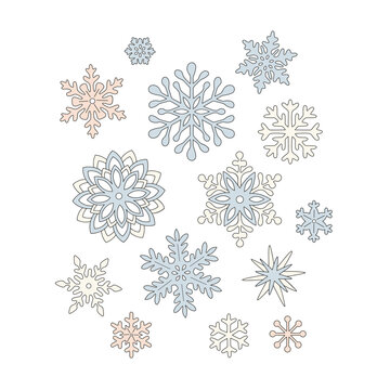 Hippie Groovy Christmas snowflakes vector illustration set isolated on white. Retro 60s 70s Winter wonderland flakes of snow print collection for Xmas holiday season decor and card making.