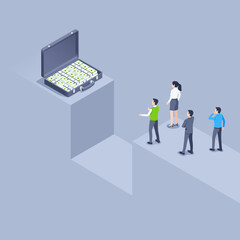 isometric vector illustration on a gray background, people in business clothes stand in front of a cliff behind which there is a suitcase with money, motivation or incentive for risky action