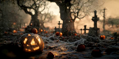 Fotobehang Halloween day eyes of Jack O' Lanterns trick or treating Samhain All Hallows' Eve All Saints' Eve All hallowe'en spooky Horror Ghost Demon background October 31 © Aukid