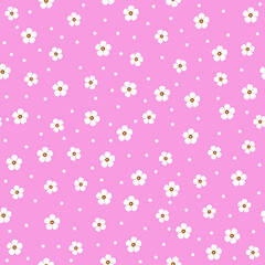 white floral print. flower seamless pattern. ditsy daisy and white polka dots pink background. good for fabric, textile, wallpaper, backdrop, fashion. 