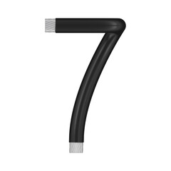 Number 7 made of black wire with bare ends, transparent background, 3d rendering