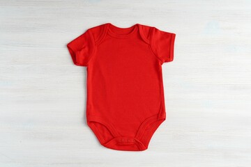 Red baby onesie bodysuit mockup for design presentation, minimal template on white wooden...