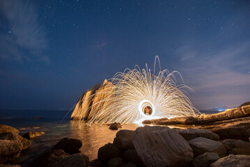 Night photo, Steel whool photograph on the rocks with reflection on water background shapes
