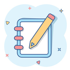 Vector cartoon notepad edit document with pencil icon in comic style. Notepad concept illustration pictogram. Document business splash effect concept.