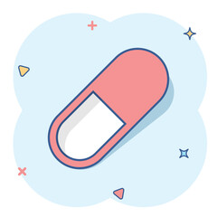 Vector cartoon pill icon in comic style. Tablet concept illustration pictogram. Capsule medical business splash effect concept.