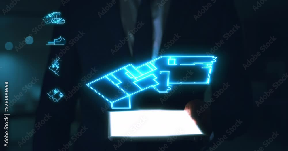 Poster Digital vr architecture on tablet, 3d home renovation on technology and ai construction plan on business man tech in dark work office. Infographic, design and creative analytics for future designer