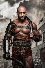 Fototapeta na wymiar Portrait of arena fighter from ancient rome with naked torso and swords in coliseum.