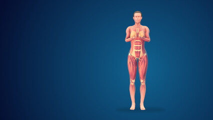 3D human tadasana praying yoga pose on blue background