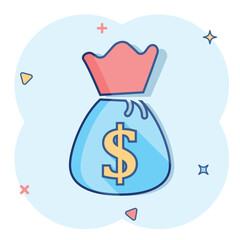 Vector cartoon money bag icon in comic style. Moneybag with dollar illustration pictogram. Money cash sack splash effect concept.