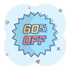 Vector cartoon discount sticker icon in comic style. Sale tag illustration pictogram. Promotion 60 percent discount splash effect concept.