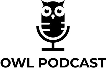 Owl Podcast logo. The microphone owl icon. Podcast radio icon. Studio microphone with owl. Audio record concept