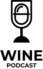 Wine Podcast logo. The microphone wine glass icon. Podcast radio icon. Studio microphone with wine. Audio record concept