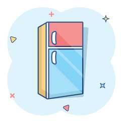 Fridge refrigerator icon in comic style. Freezer container vector cartoon illustration pictogram splash effect.