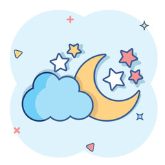 Vector cartoon moon and stars with clods icon in comic style. Nighttime concept illustration pictogram. Cloud, moon business splash effect concept.