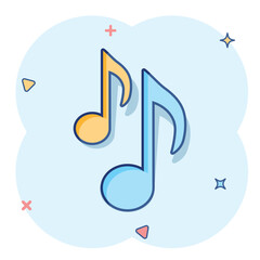 Vector cartoon music note icon in comic style. Sound media concept illustration pictogram. Audio note business splash effect concept.