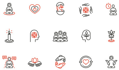 Vector Set of Linear Icons Related to Harmony, Meditation Classes, Relax and Self-Care. Mono line pictograms and infographics design elements