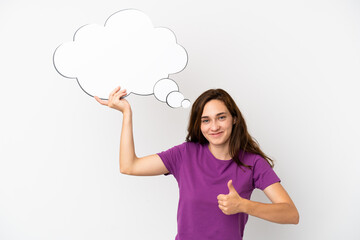 Young caucasian woman isolated on white background holding a thinking speech bubble with thumb up