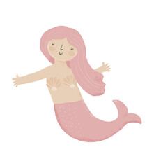 Obraz na płótnie Canvas Cute Little Mermaid. Lovely Hand Drawn Nursery Vector Art with Happy Siren with Pastel Pink Hair and Fish Tail on a White Background. Girly Party Print ideal for Card, Invitation, Poster, Wall Art.