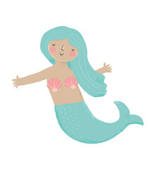 Cute Little Mermaid. Lovely Hand Drawn Nursery Vector Art with Happy Siren with Mint Blue Hair and Fish Tail on a White Background. Girly Party Print ideal for Card, Invitation, Poster, Wall Art.
