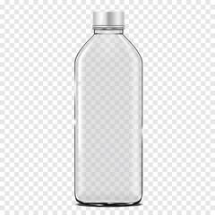 Clear empty glass bottle with white plastic screw cap on transparent background realistic vector mockup. Liquid product packaging mock-up