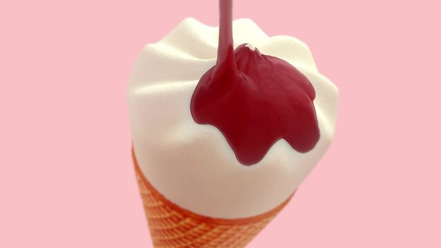 Realistic abstract 3D strawberry jam liquid falling on ice cream with waffle cone.