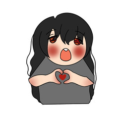 cute anime girl in a gray t-shirt shows a heart