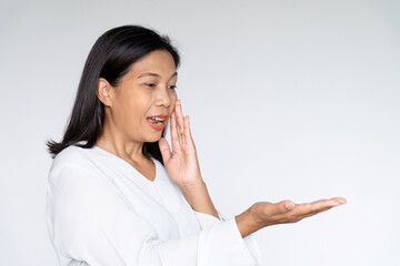 Business Woman Showing Her Hand With Excited Face on White background