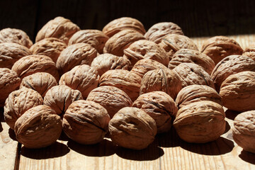 Walnuts on a wooden table in the bright sun.