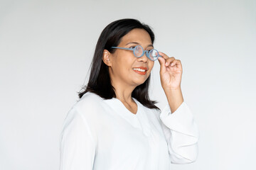 Business Woman Grab Her Glasses with Sincere Smiling on White background
