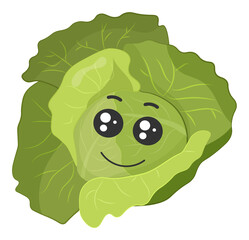 Sticker green cabbage with kawaii emotions. Flat illustration of a cabbage with emotions without background.
