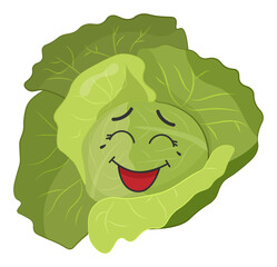 Sticker green cabbage with kawaii emotions. Flat illustration of a cabbage with emotions without background.