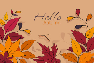 the inscription hello autumn on a background of autumn leaves and twigs