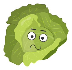 Sticker green cabbage with kawaii emotions. Flat illustration of a cabbage with emotions without background.