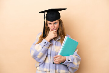 Young student woman over isolated background thinking