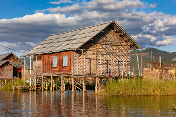 A traditional stilt house on Inle Lake in Myanmar in the Shan state of former Burma