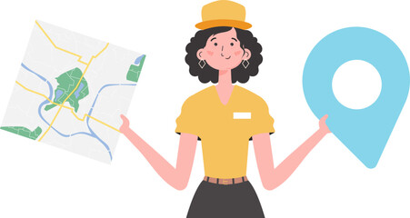 Girl delivery operator with a map in her hands. The character is depicted to the waist. Isolated. Vector.